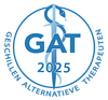 Blue GAT 2025 logo with a caduceus in a circle and “Geschillen Alternatieve Therapeuten” text