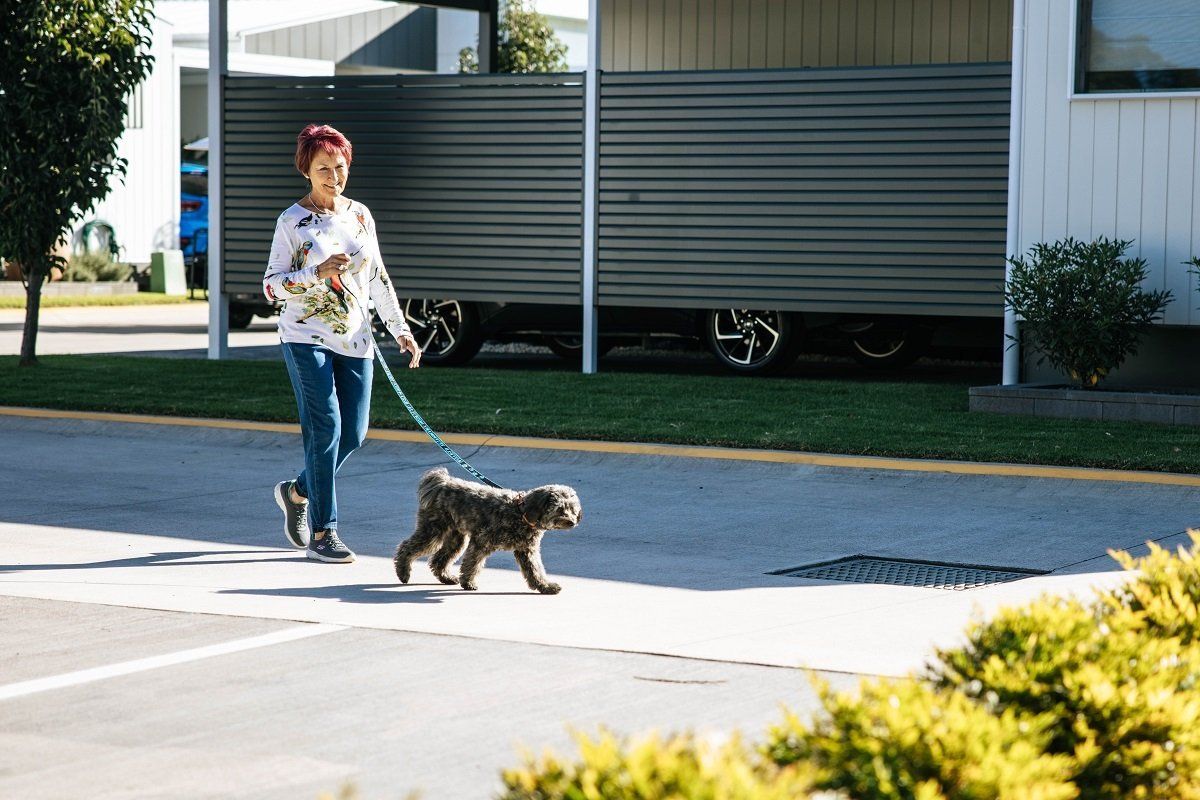 woman walking dog