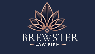 Brewster Law Firm logo with copper lotus icon on a dark navy background