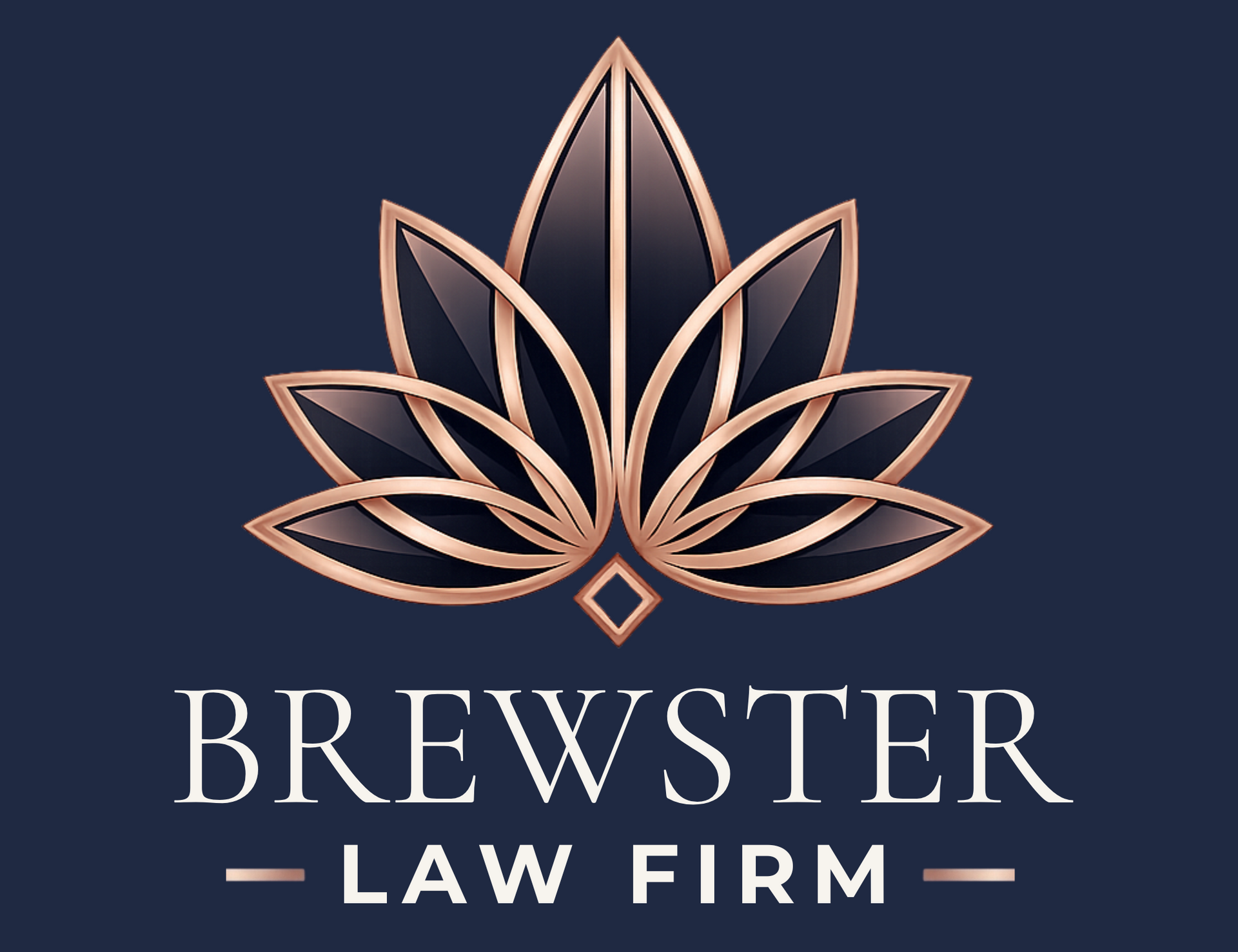 Brewster Law Firm logo with copper lotus emblem on dark blue background