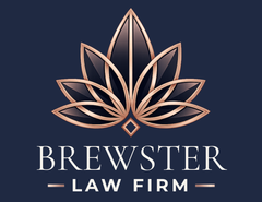 Brewster Law Firm logo with copper lotus emblem on dark blue background