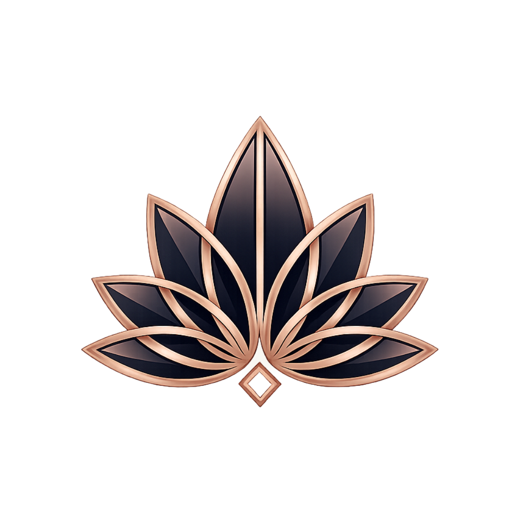 Stylized lotus flower logo in dark navy and rose gold on a white background
