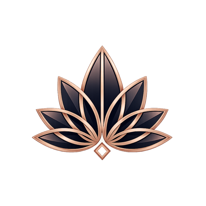 Stylized dark navy and rose-gold lotus flower logo on a white background