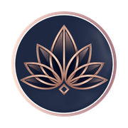 Stylized rose gold lotus emblem on a dark navy circle with a pale pink border