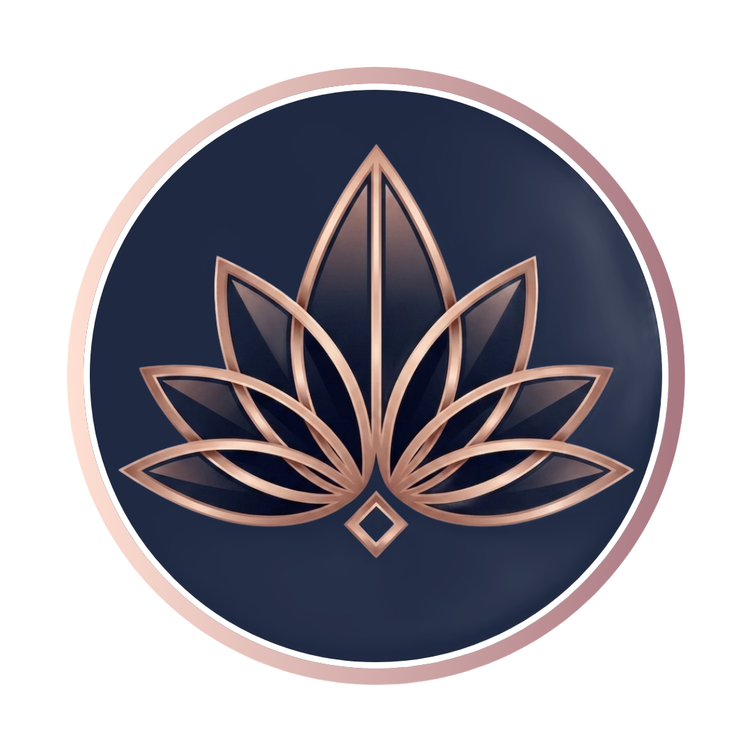 Stylized rose gold lotus emblem on a dark navy circle with a pale pink border
