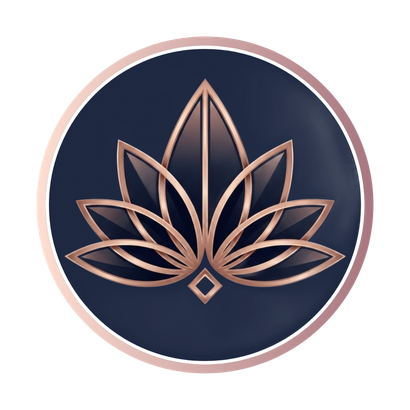 Stylized rose gold lotus emblem on a dark navy circle with a pale pink border