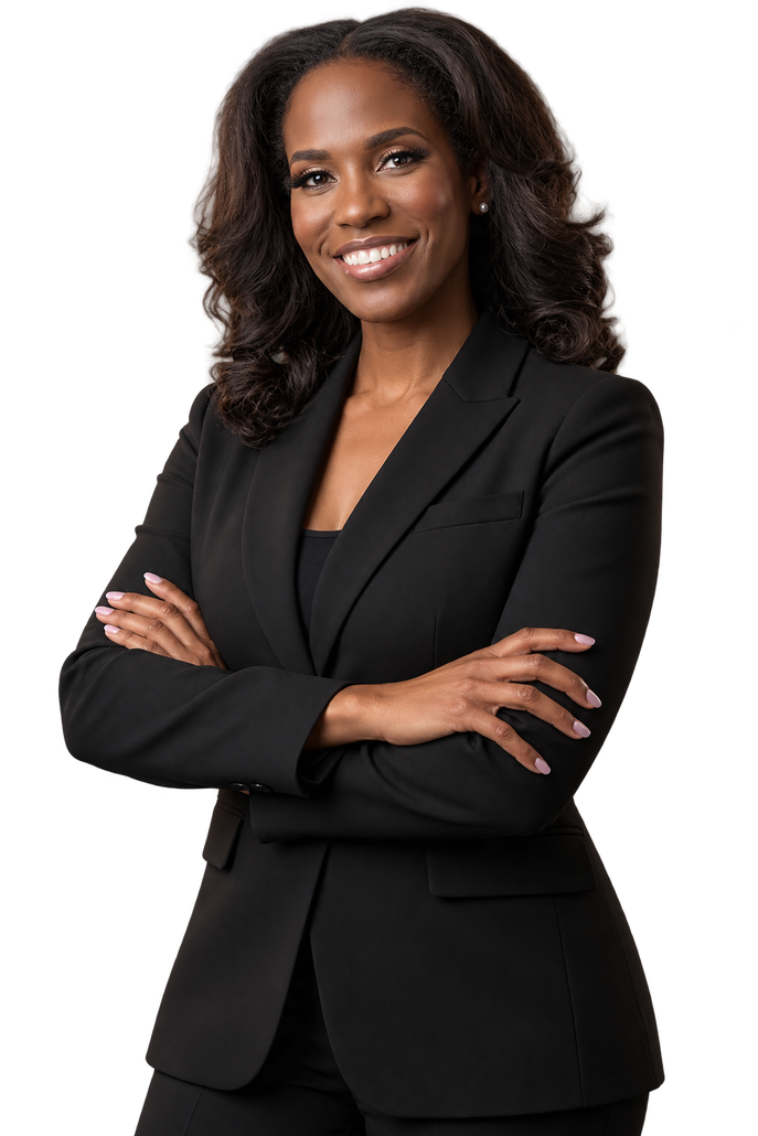 Smiling professional in black blazer with arms crossed against white background