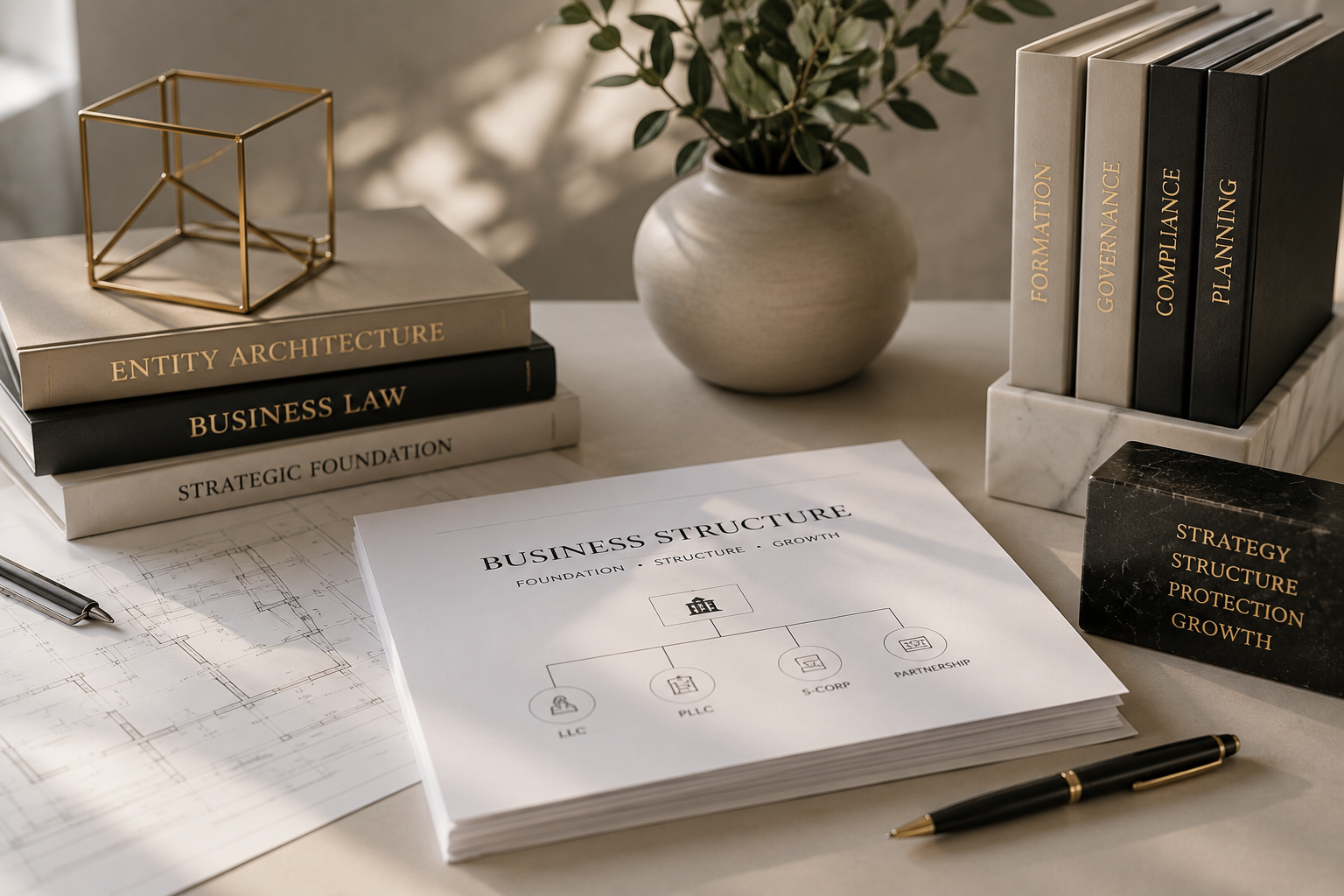 Elegant desk with law books, papers, a vase, and a pen in warm sunlight.