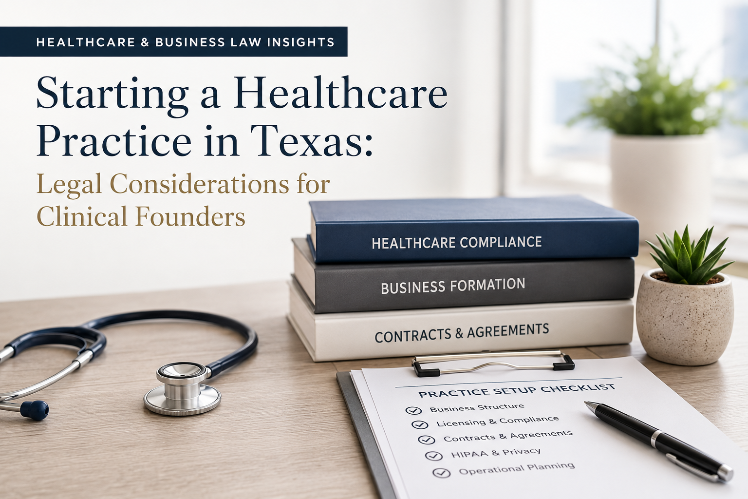 Healthcare legal guide cover with stethoscope, books, and checklist on desk, titled “Starting a Healthcare Practice in Texas”