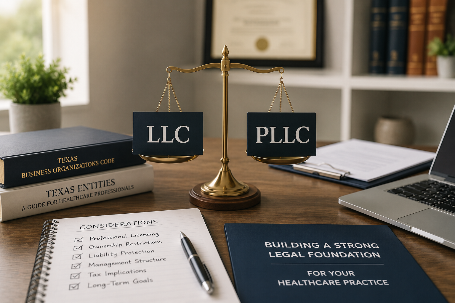Law firm desk with scales of justice comparing LLC and PLLC documents and books