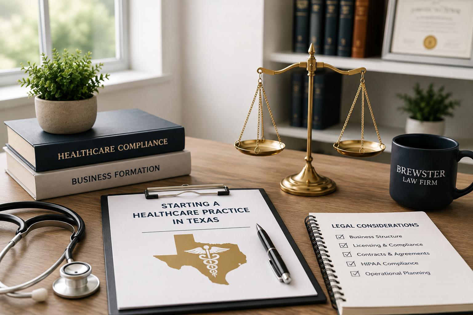 Healthcare blog graphic: “Starting a Healthcare Practice in Texas,” with stethoscope, books, checklist, and plant.