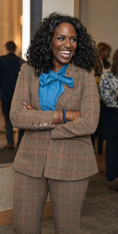 Smiling woman in a brown patterned suit with a bright blue scarf, standing with arms crossed indoors.