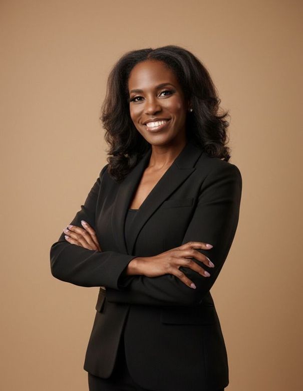 Professional woman in a black blazer smiling with arms crossed against a tan background