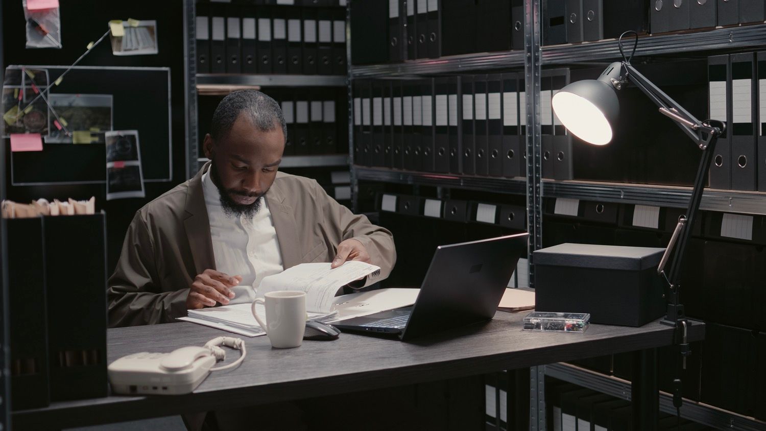 Man studying papers at a desk in a dim office, with a laptop, lamp, mug, and shelves of files.