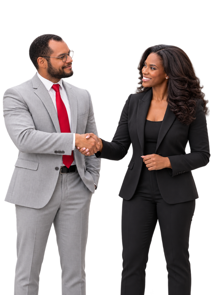 Two professionals in gray and black suits shaking hands and smiling against a white background