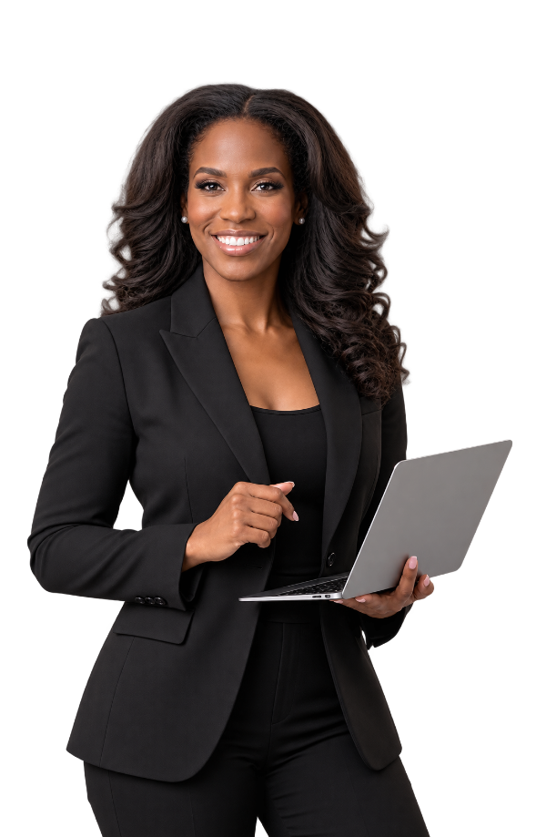 Professional woman in a black suit holding an open laptop and smiling against a white background