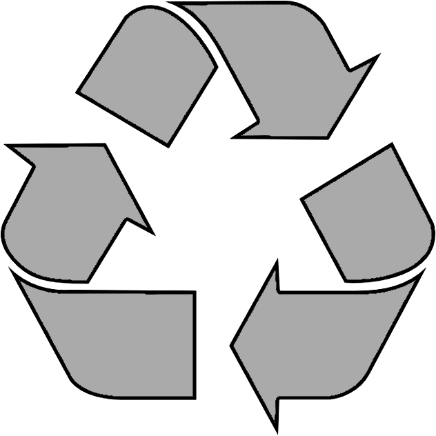 Grijs recyclingsymbool met drie pijlen die een driehoekige lus vormen op een witte achtergrond.