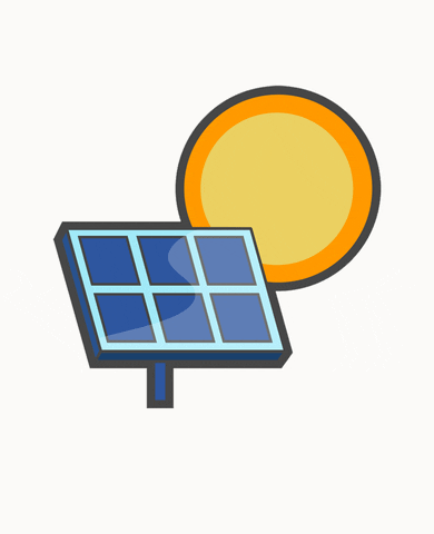 A stylized illustration of a blue solar panel mounted on a post in front of a bright yellow sun with an orange border.