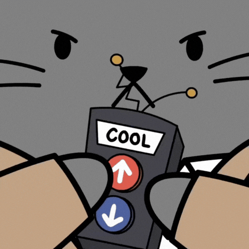 A grey cartoon cat with an angry expression holds a black remote with red up and blue down buttons labeled