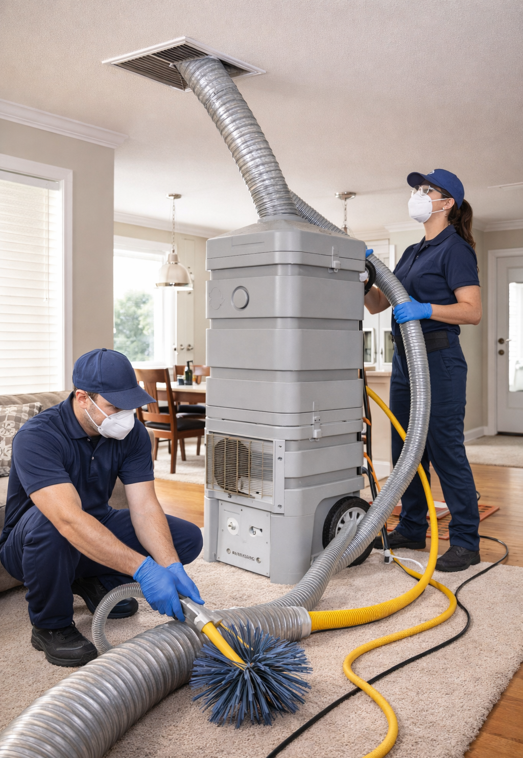 Two HVAC workers cleaning air ducts in a living room with a large vacuum unit and hoses