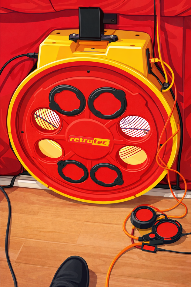 Yellow and red portable speaker or amplifier with cables on a wooden floor and red backdrop