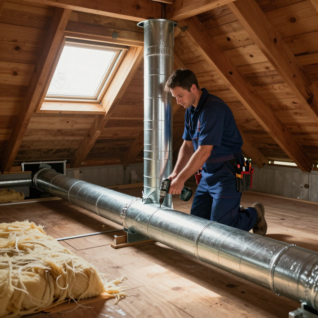 Worker kneels in a wooden attic, installing silver HVAC ductwork near a skylight.
