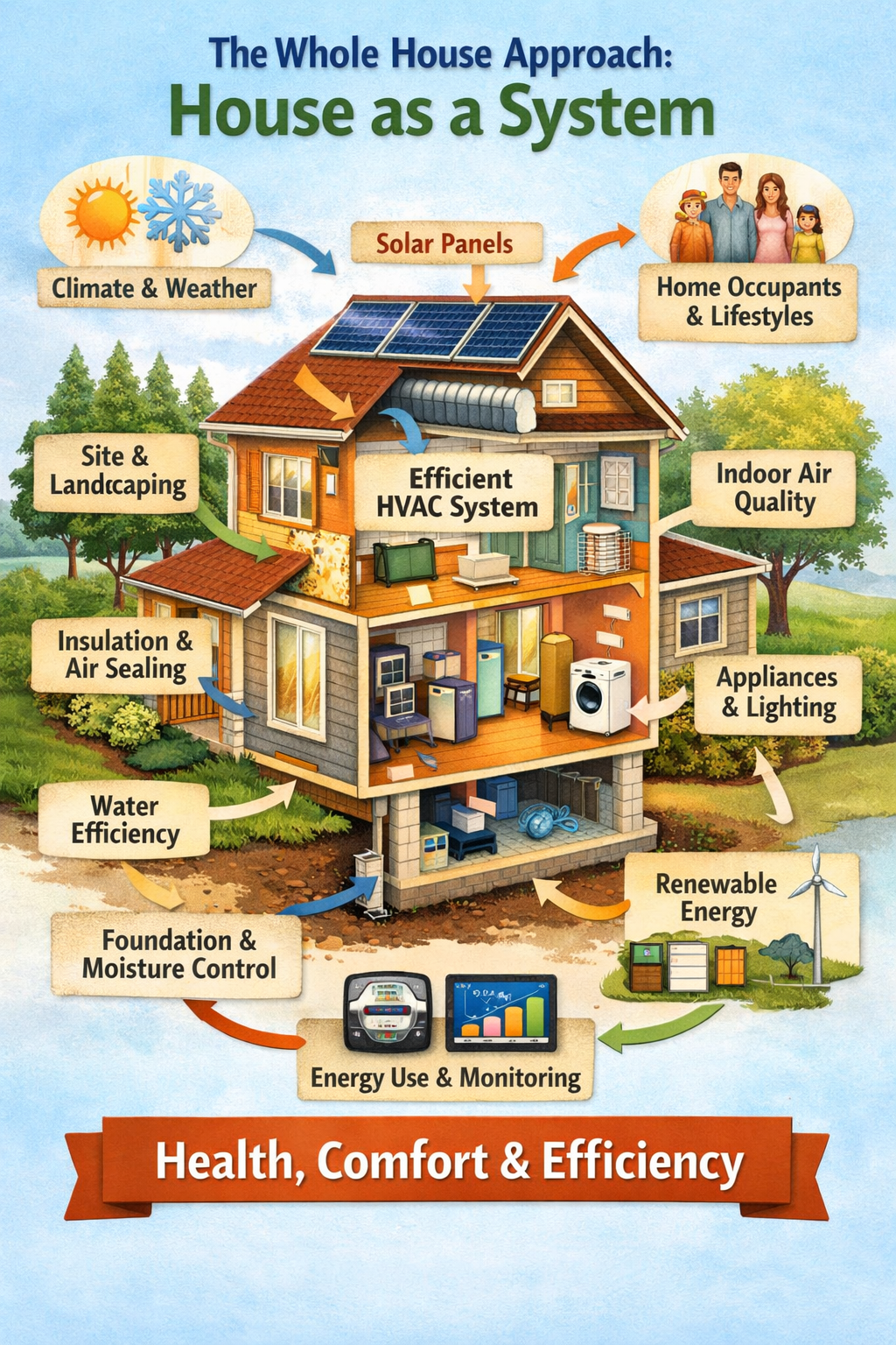 House as a system infographic showing roof, insulation, windows, HVAC, lighting, and energy efficiency.
