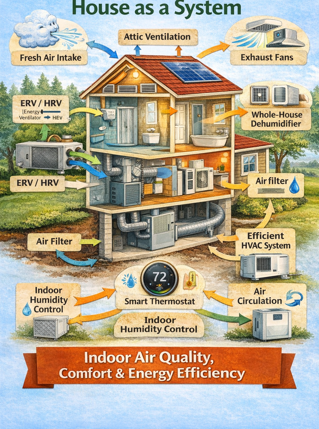 House system diagram showing airflow, filtration, HVAC, and indoor air quality/energy efficiency.
