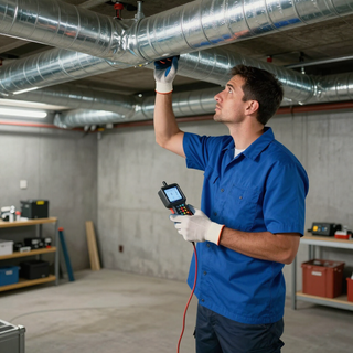 Technician in blue shirt inspecting HVAC ductwork with a meter in an unfinished room
