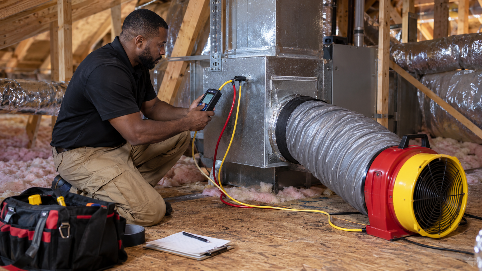 Exposed attic framing with insulated HVAC duct and white spray foam between wooden joists.