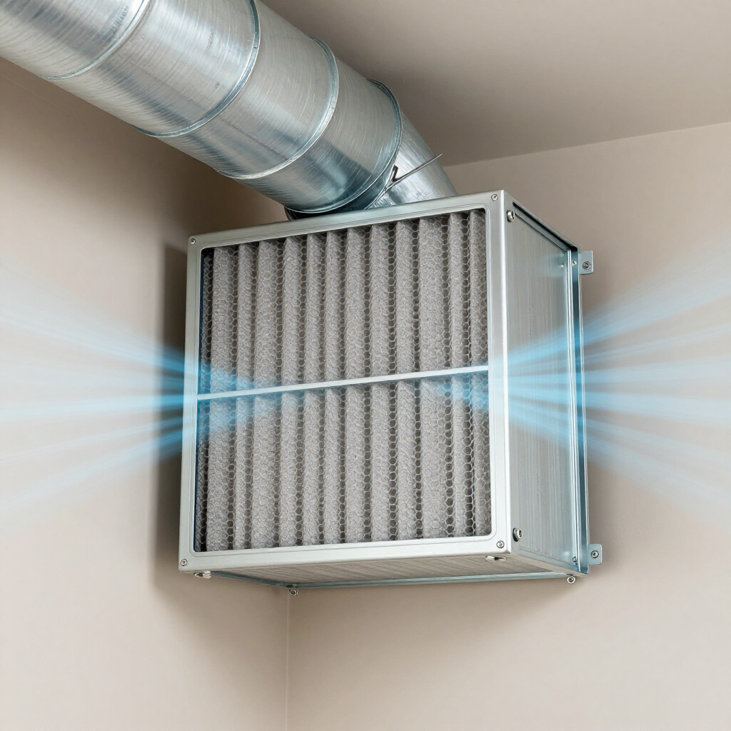 Wall-mounted air vent with a silver duct in a beige corner room