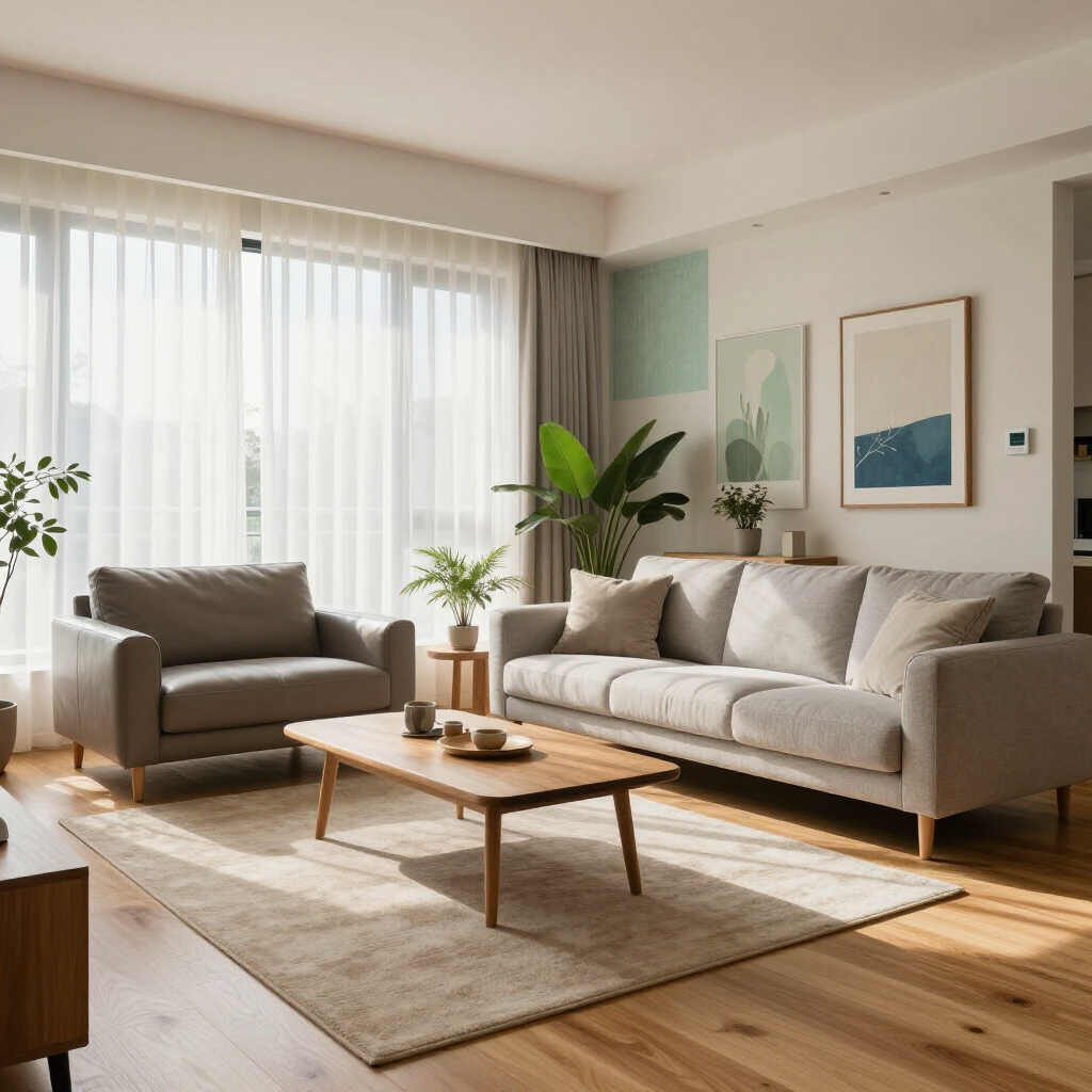 Bright, modern living room with beige sofa, armchair, wooden coffee table, and large window with sheer curtains
