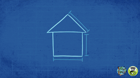 A blue-toned line drawing of a house shape with dimension lines indicating height and width on a textured background.