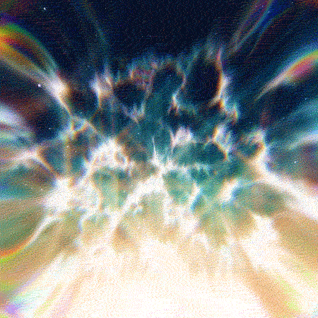 Abstract digital art featuring a bright, glowing center radiating outward into textured, iridescent, and hazy clouds.