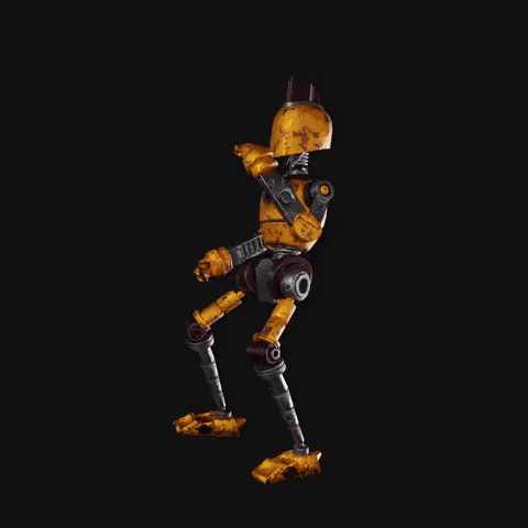 A weathered, yellow-and-brown mechanical robot with spindly legs and a rounded head, standing against a black background.