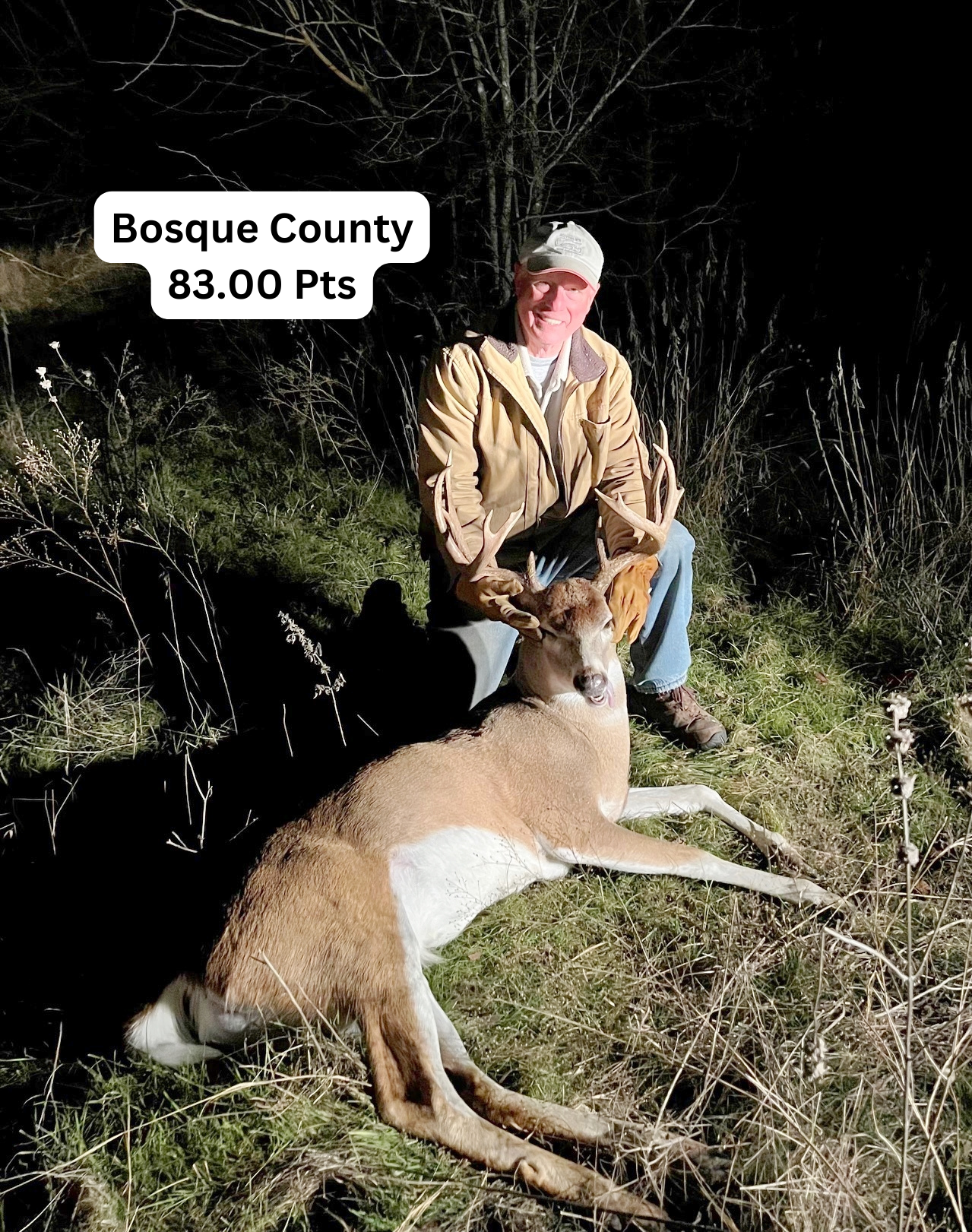Man sits with a dead antelope in Bosque County. 83.00 pts are labeled. Dark night.