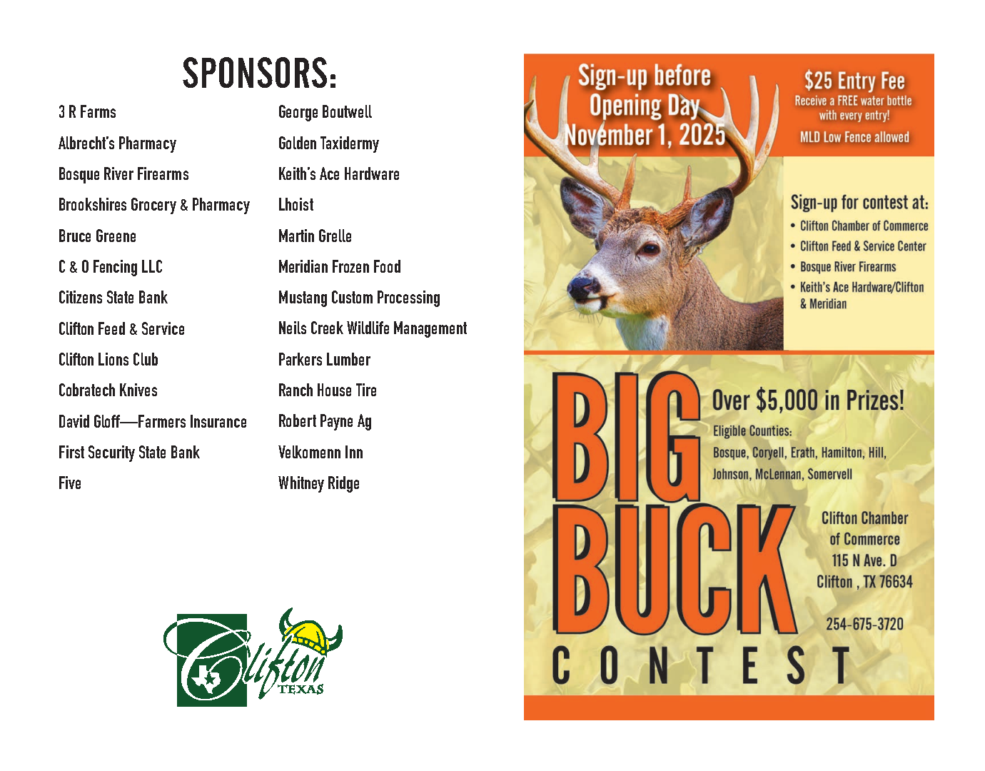 Big Buck Contest flyer with sponsors list, deer graphic, and prize information.