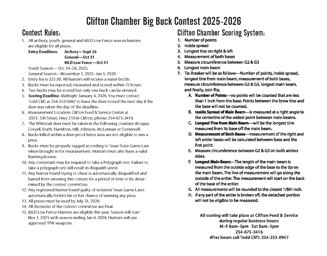 Text document: Clifton Chamber Big Buck Contest 2025-2026 rules and scoring system.