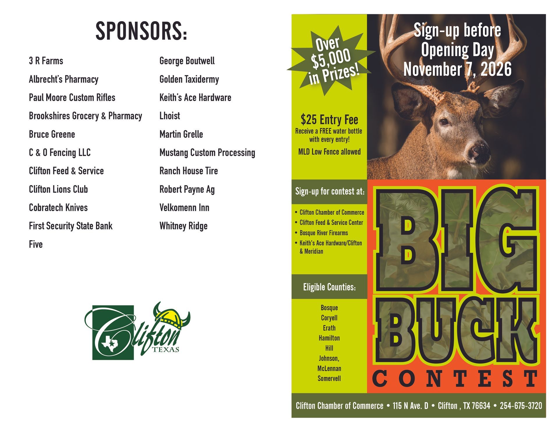 Big Buck Contest flyer with sponsors list, deer graphic, and prize information.