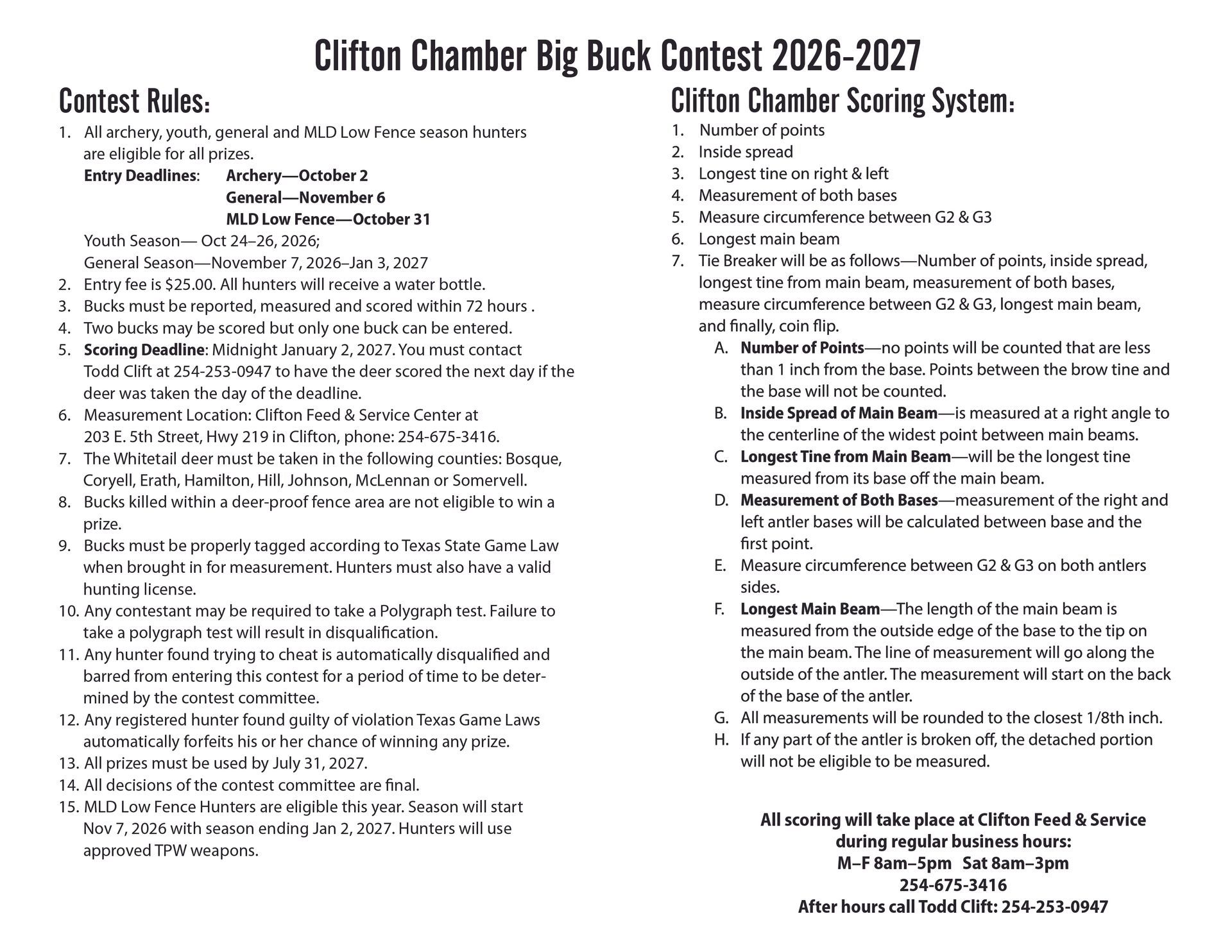 Text document: Clifton Chamber Big Buck Contest 2025-2026 rules and scoring system.