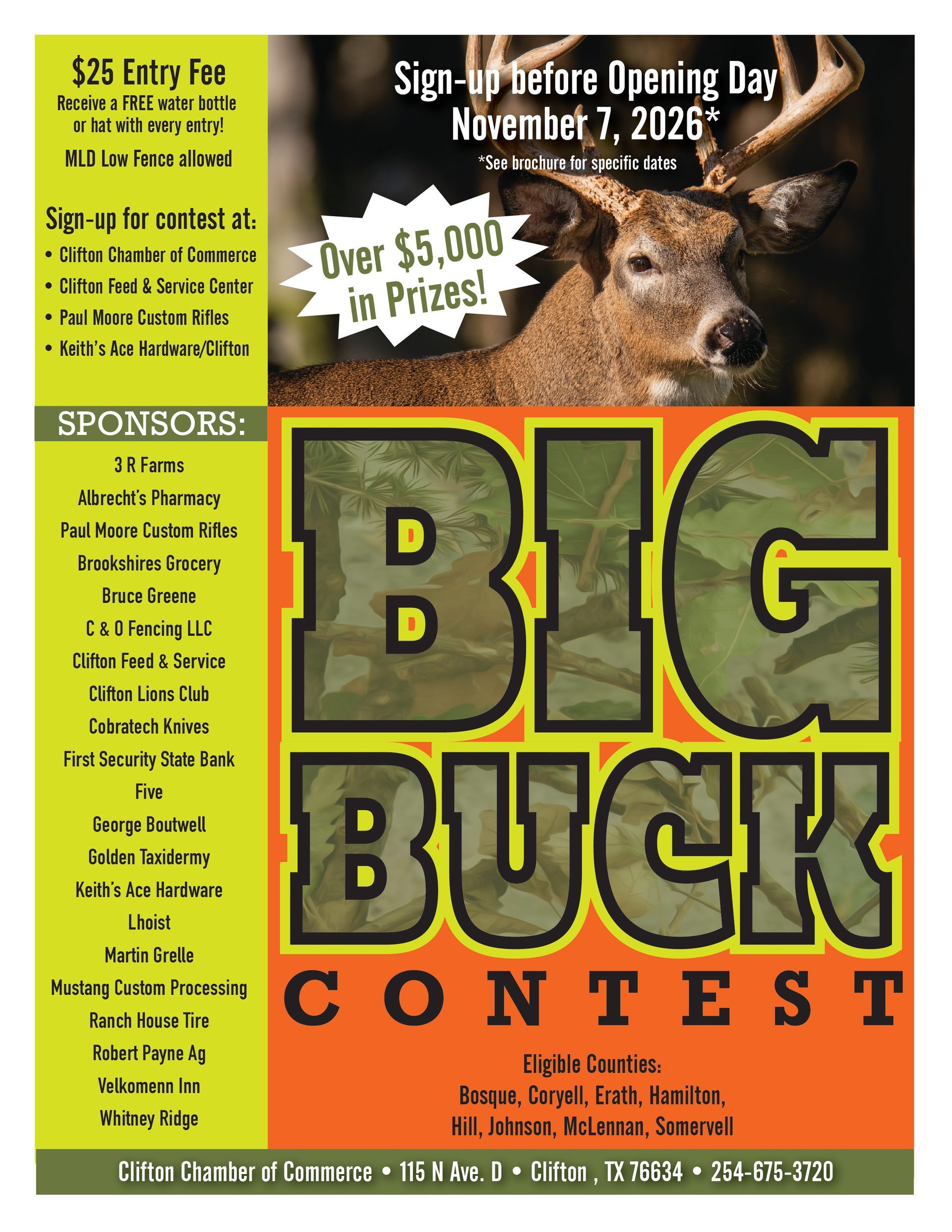 Big Buck Contest flyer: deer, orange and tan, sign-up by Nov 1, 2025, over $5,000 in prizes, Dillon, TX.