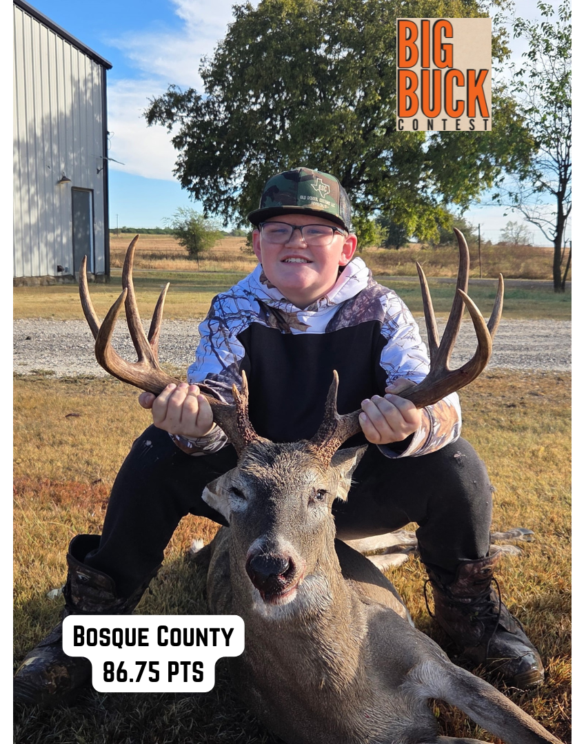 Young hunter smiles, holding a deer with large antlers. Bosque County, 86.75 pts.
