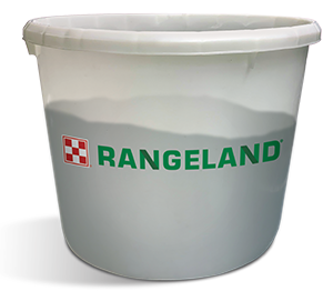 A bucket with the word rangeland on it