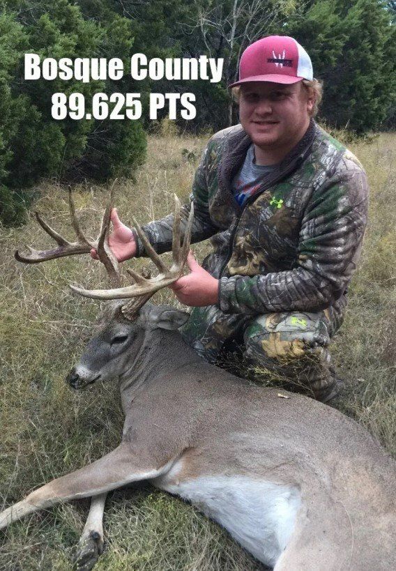 Man in camo kneels beside a large deer in Bosque County, holding antlers. Text says 89.625 PTS.