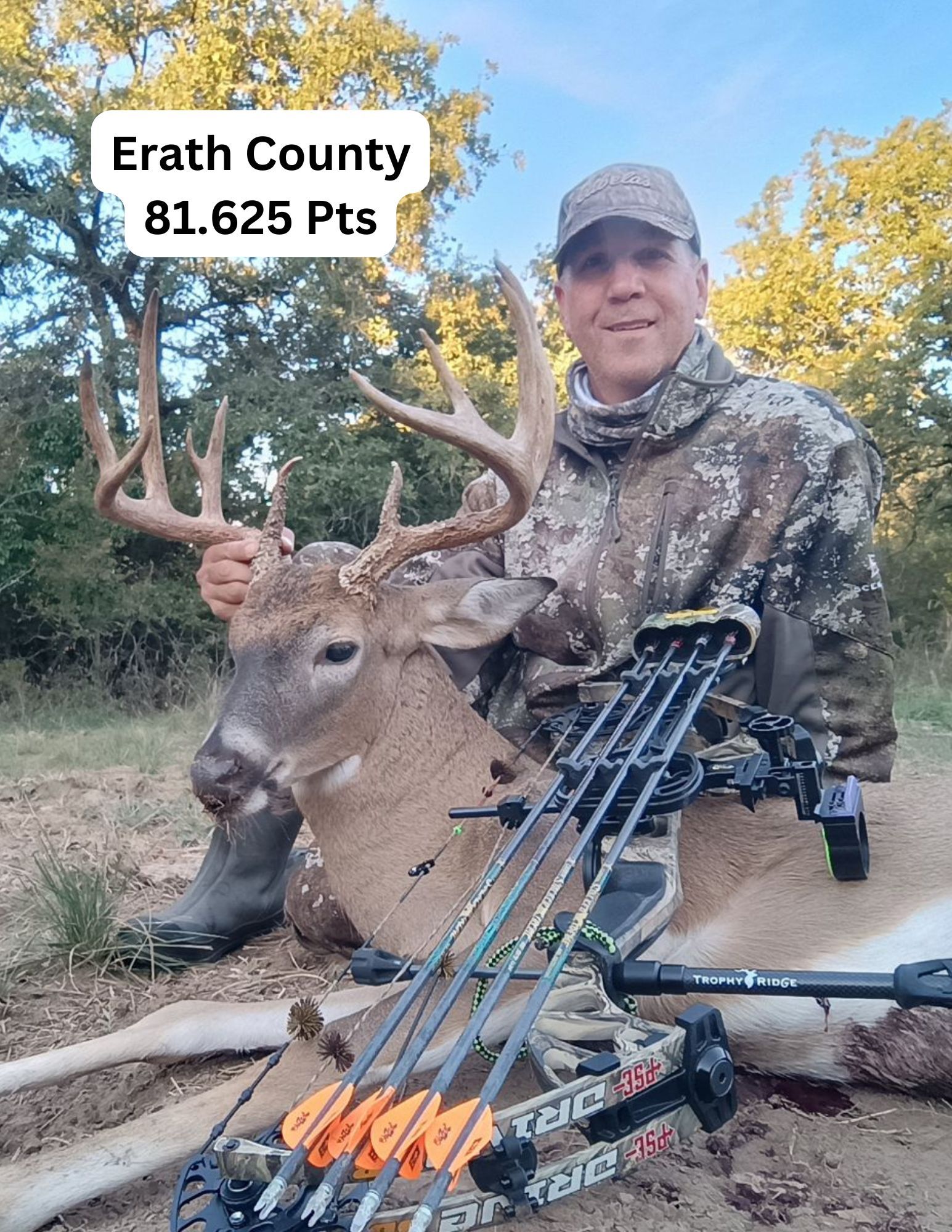 Man with camo holds a deer shot with a bow in Erath County, Texas. 81.625 points.