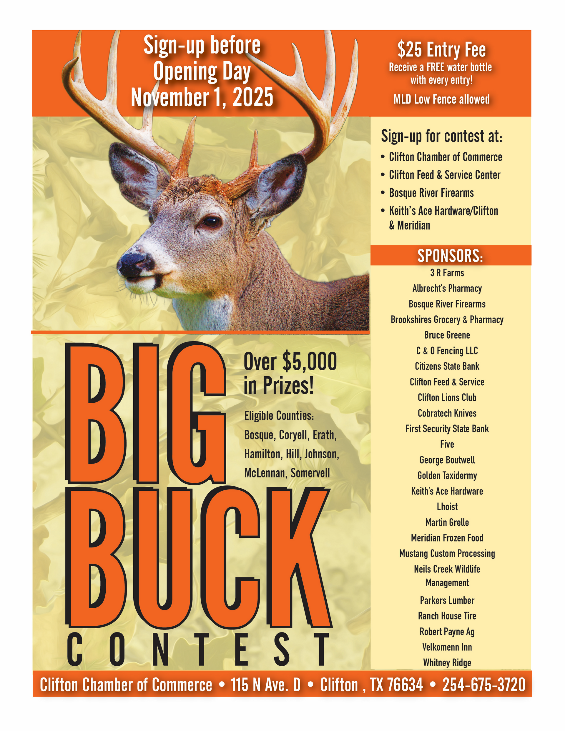 Big Buck Contest flyer: deer, orange and tan, sign-up by Nov 1, 2025, over $5,000 in prizes, Dillon, TX.