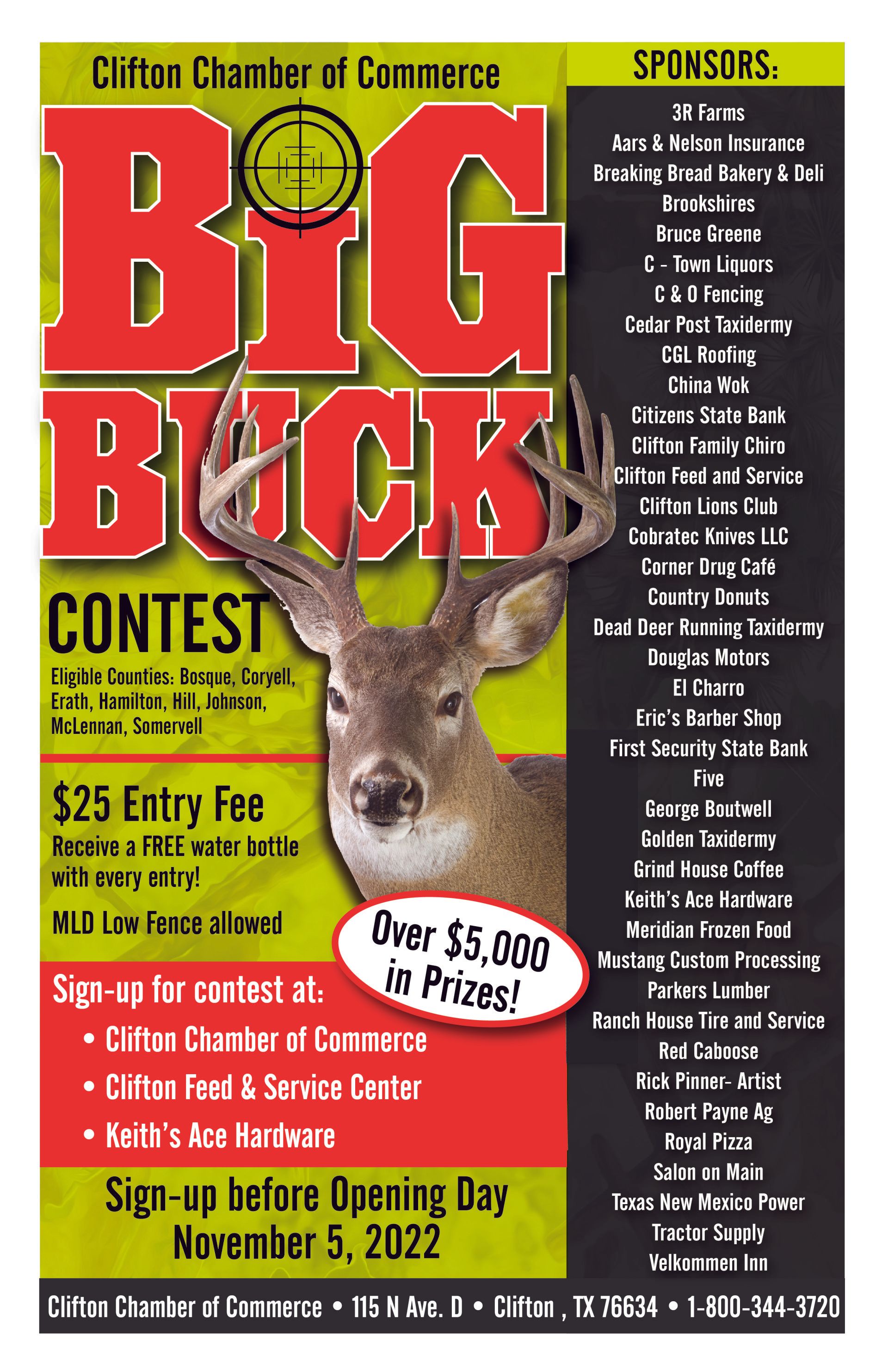A poster for a big buck contest with a deer on it.