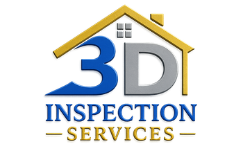 Logo for 3D Inspection Services, Inc. featuring a brown house icon with a magnifying glass and tan text.