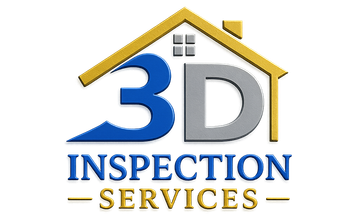Logo for 3D Inspection Services, Inc., featuring a house icon with a magnifying glass and golden text.
