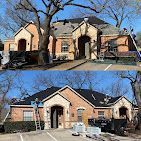 Two images showing a building before and after roof replacement. Blue sky, brick, and stone facade with workers.